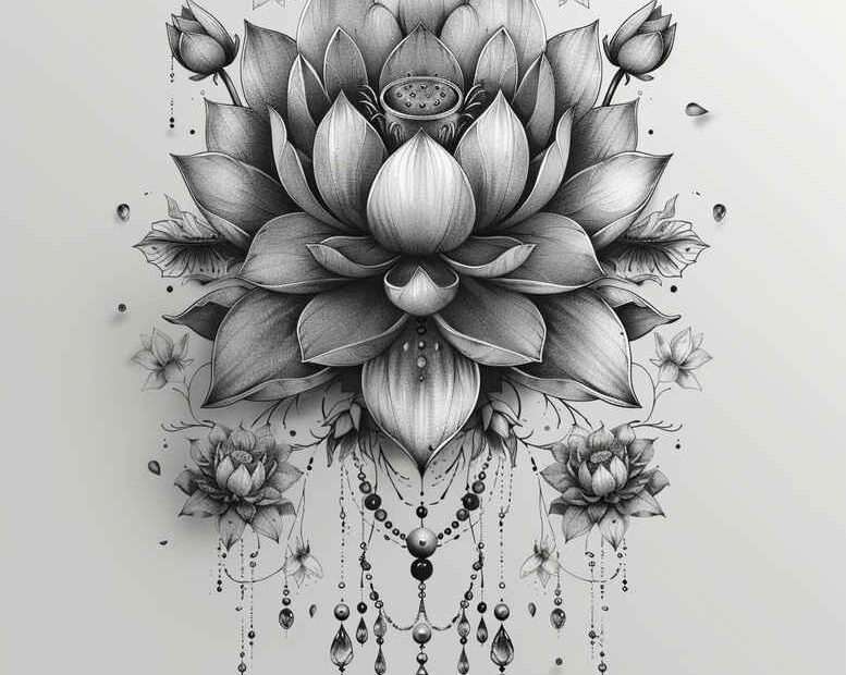 Black and grey lotus mandala with layered petals and hanging bead strands; AI-generated tattoo project concept.