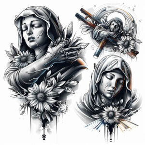 figure-of-mary – tattoo design ideas free ai generated – delicate-highlight – for-back – Gallery: mary-inkby-ai
