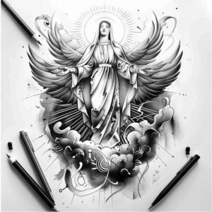 figure-of-mary – tattoo design ideas free ai generated – light-reflections – for-upper-shoulder – Gallery: mary-inkby-ai