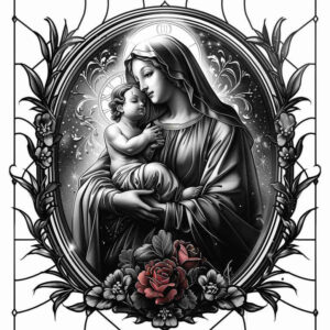 figure-of-mary – tattoo design ideas free ai generated – realistic-perspective – for-full-back – Gallery: mary-inkby-ai