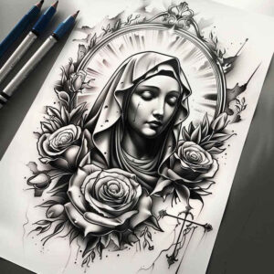 figure-of-mary – tattoo design ideas free ai generated – realistic-structure – for-hand – Gallery: mary-inkby-ai