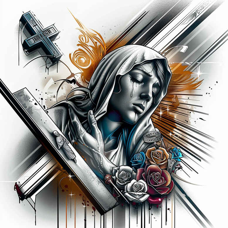 fine-line-mary – tattoo design ideas free ai generated – depth-of-field – for-chest – Gallery: mary-inkby-ai