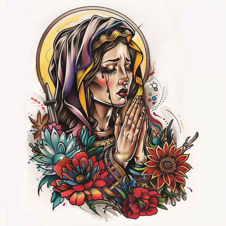 fine-line-mary – tattoo design ideas free ai generated – glowing-edges – for-calf – Gallery: mary-inkby-ai