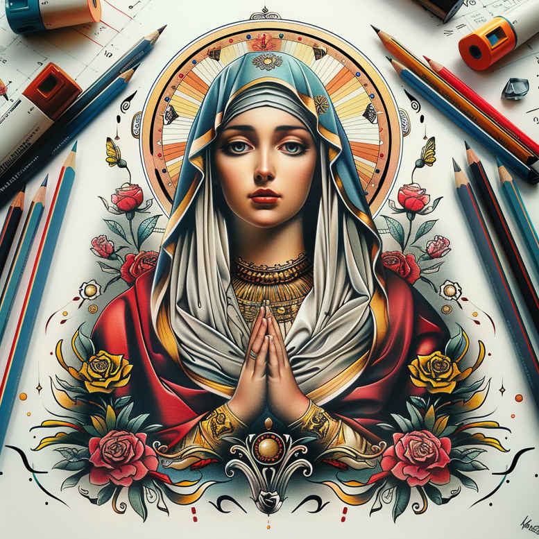 fine-line-mary – tattoo design ideas free ai generated – optical-illusion – for-shoulder-blade – Gallery: mary-inkby-ai