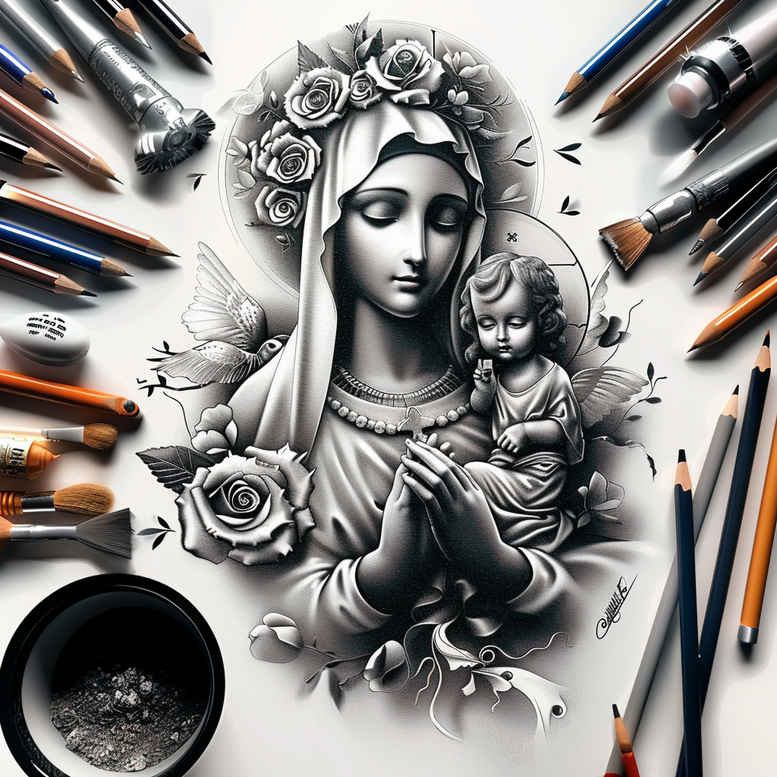 mary-and-blessing – tattoo design ideas free ai generated – color-precision – for-lower-arm – Gallery: mary-inkby-ai