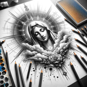 mary-and-blessing – tattoo design ideas free ai generated – ink-layering – for-shin – Gallery: mary-inkby-ai