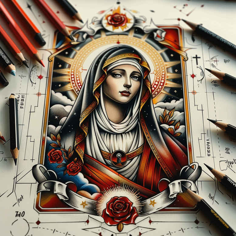 mary-and-blessing – tattoo design ideas free ai generated – light-play – for-upper-shoulder – Gallery: mary-inkby-ai