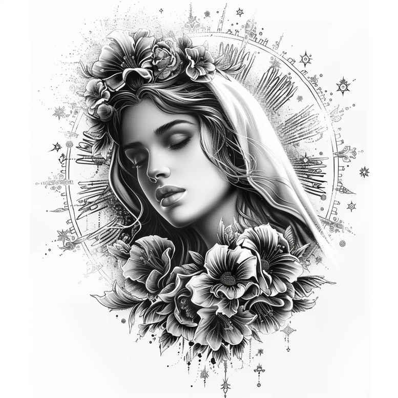 mary-and-blessing – tattoo design ideas free ai generated – mirrored-effect – for-neck – Gallery: mary-inkby-ai