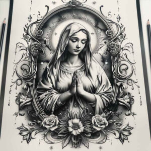 mary-and-blessing – tattoo design ideas free ai generated – subtle-gradients – for-full-back – Gallery: mary-inkby-ai