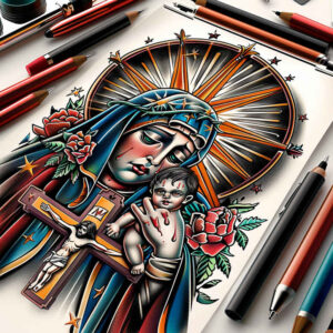 mary-and-faith – tattoo design ideas free ai generated – photorealistic-drawing – for-side – Gallery: mary-inkby-ai