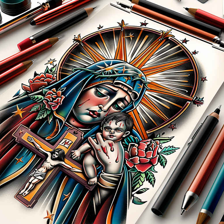 mary-and-faith – tattoo design ideas free ai generated – photorealistic-drawing – for-side – Gallery: mary-inkby-ai