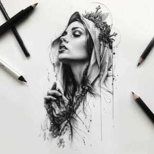 mary-and-grace – tattoo design ideas free ai generated – gradient-tones – for-upper-back – Gallery: mary-inkby-ai