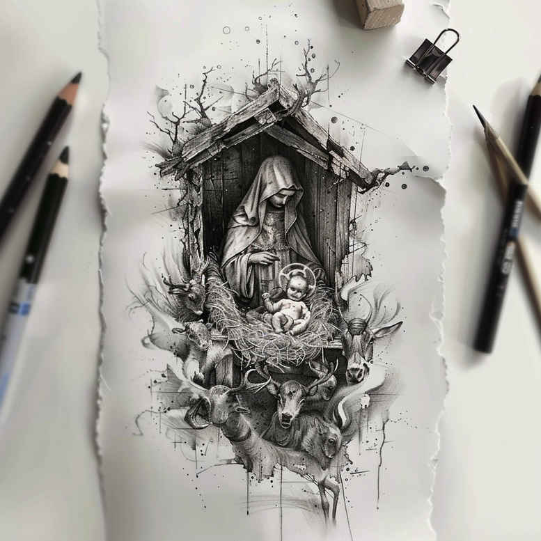 mary-and-light – tattoo design ideas free ai generated – organic-structure – for-upper-chest – Gallery: mary-inkby-ai