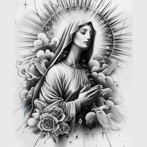 mary-and-mercy – tattoo design ideas free ai generated – blended-gradients – for-spine – Gallery: mary-inkby-ai