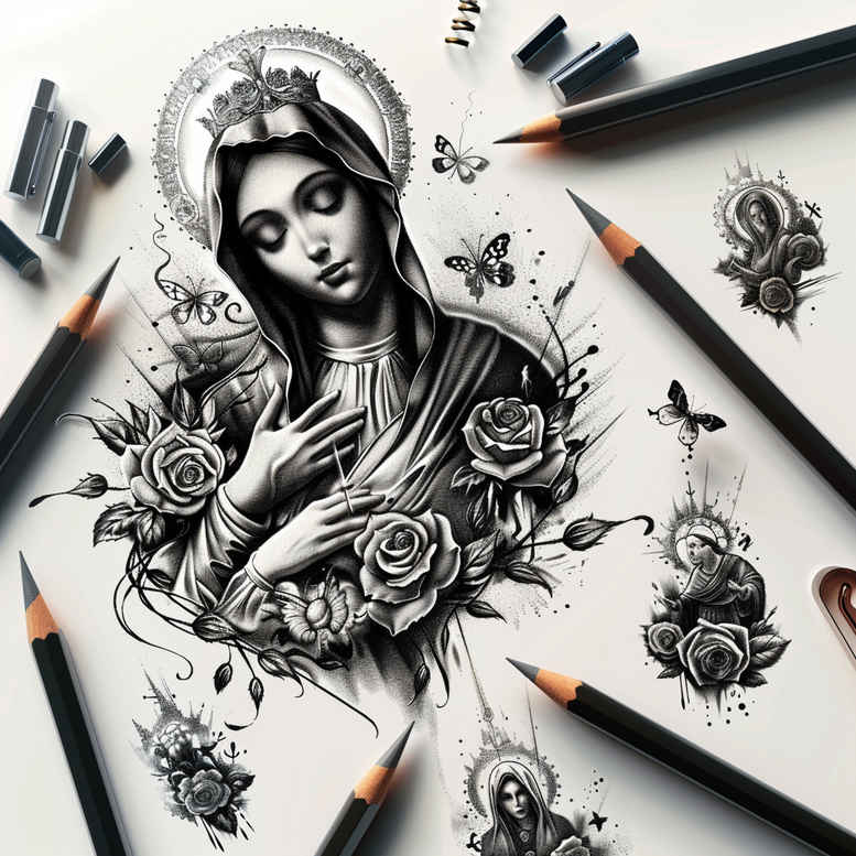 mary-and-mercy – tattoo design ideas free ai generated – digital-realism – for-lower-chest – Gallery: mary-inkby-ai