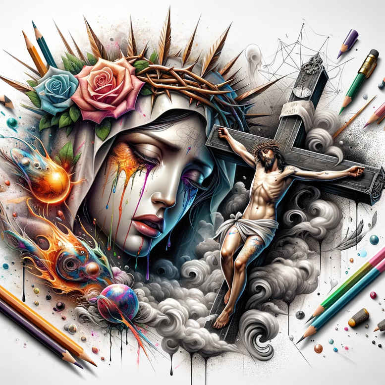 mary-and-mercy – tattoo design ideas free ai generated – full-detail – for-spine – Gallery: mary-inkby-ai