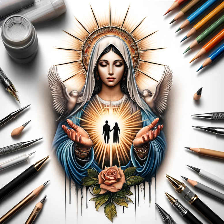 mary-and-mercy – tattoo design ideas free ai generated – light-and-shadow-play – for-upper-arm – Gallery: mary-inkby-ai