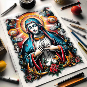 mary-and-mercy – tattoo design ideas free ai generated – naturalistic – for-upper-chest – Gallery: mary-inkby-ai