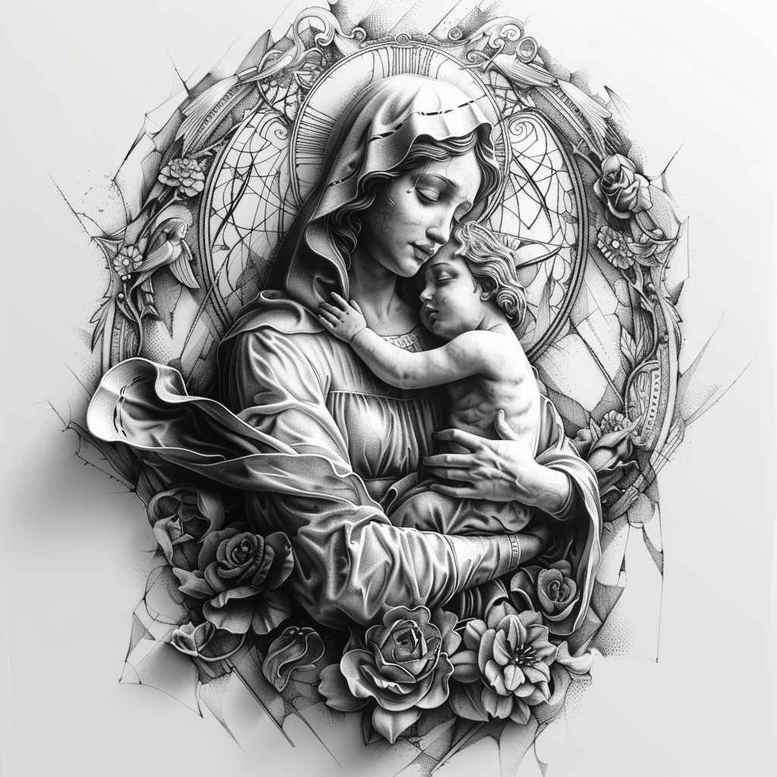 mary-and-mercy – tattoo design ideas free ai generated – real-ink-flow – for-hand – Gallery: mary-inkby-ai