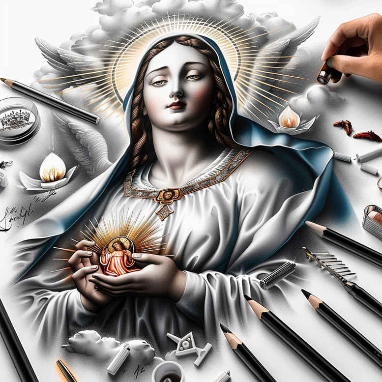 mary-and-protection – tattoo design ideas free ai generated – contrast-ink – for-outer-arm – Gallery: mary-inkby-ai