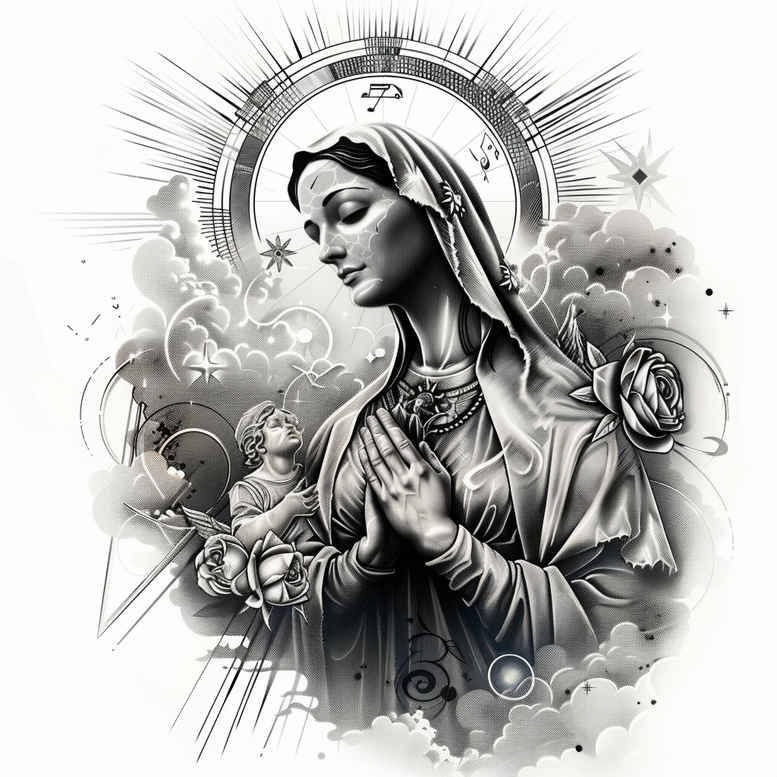 mary-and-protection – tattoo design ideas free ai generated – portrait-realism – for-back-shoulder – Gallery: mary-inkby-ai
