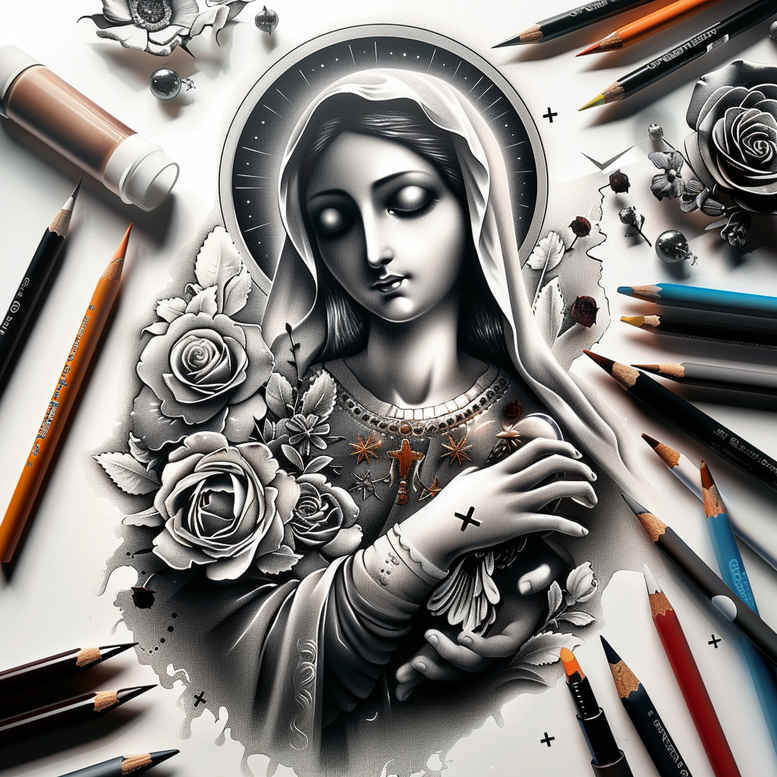 mary-and-protection – tattoo design ideas free ai generated – realistic-wrinkles – for-temple – Gallery: mary-inkby-ai