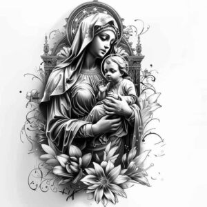 mary-and-spirituality-for-men – tattoo design ideas free ai generated – natural-contrast – for-lower-leg – Gallery: mary-inkby-ai