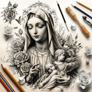 mary-as-guide – tattoo design ideas free ai generated – realistic-contrast – for-knee – Gallery: mary-inkby-ai