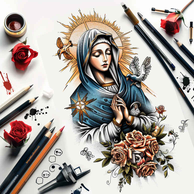 mary-as-guide – tattoo design ideas free ai generated – refined-highlights – for-sternum – Gallery: mary-inkby-ai