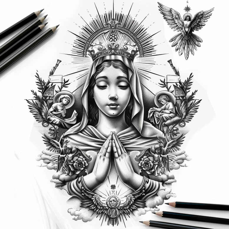 mary-as-inspiration – tattoo design ideas free ai generated – contour-shading – for-ankle – Gallery: mary-inkby-ai