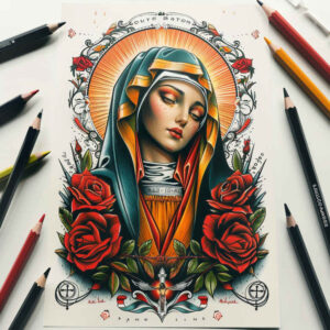 mary-as-inspiration – tattoo design ideas free ai generated – living-skin – for-lower-thigh – Gallery: mary-inkby-ai