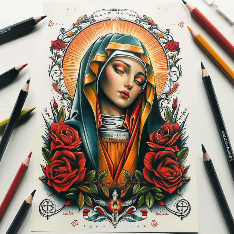 mary-as-inspiration – tattoo design ideas free ai generated – living-skin – for-lower-thigh – Gallery: mary-inkby-ai