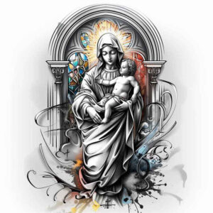 mary-as-protector – tattoo design ideas free ai generated – detail-accuracy – for-lower-leg – Gallery: mary-inkby-ai