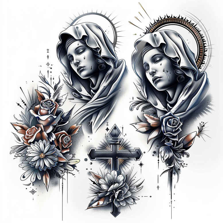 mary-as-protector – tattoo design ideas free ai generated – glass-effect – for-hip – Gallery: mary-inkby-ai