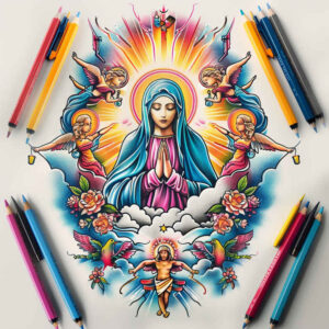 mary-as-protector – tattoo design ideas free ai generated – hyper-realistic – for-upper-thigh – Gallery: mary-inkby-ai