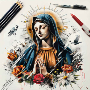 mary-as-protector – tattoo design ideas free ai generated – soft-contrast – for-foot – Gallery: mary-inkby-ai
