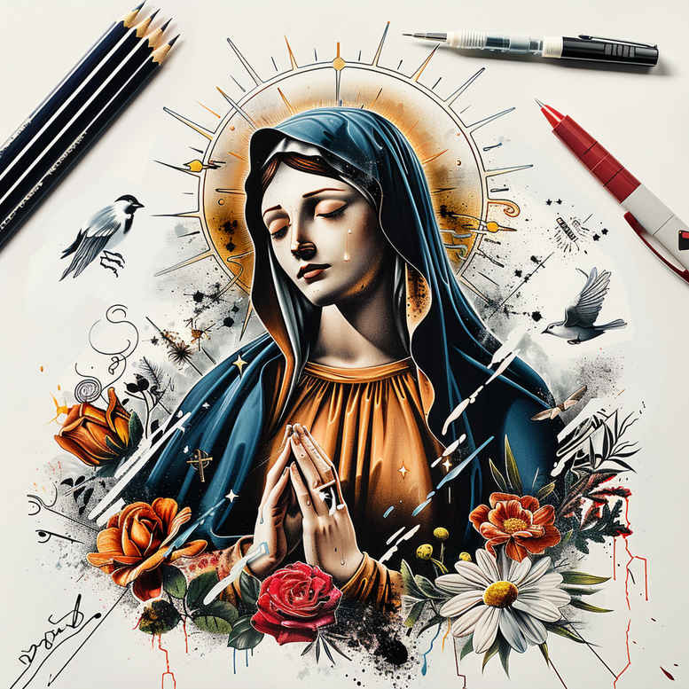 mary-as-protector – tattoo design ideas free ai generated – soft-contrast – for-foot – Gallery: mary-inkby-ai