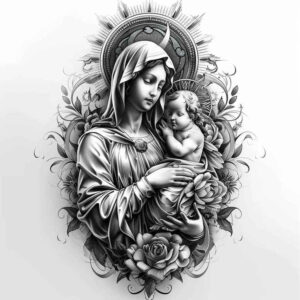 mary-as-role-model – tattoo design ideas free ai generated – soft-contrast – for-collarbone – Gallery: mary-inkby-ai