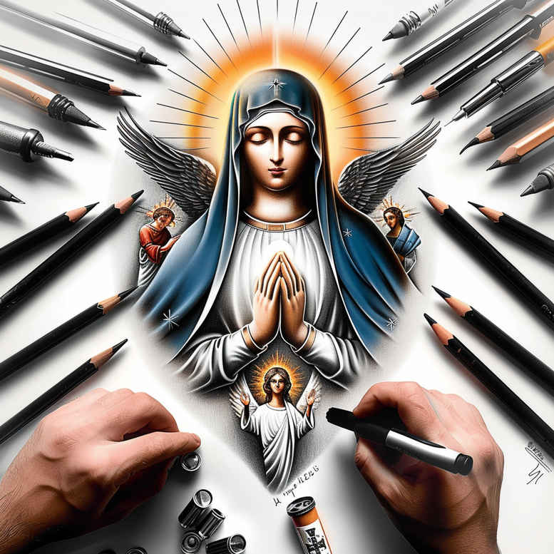 mary-in-iconography – tattoo design ideas free ai generated – natural-blush – for-elbow – Gallery: mary-inkby-ai