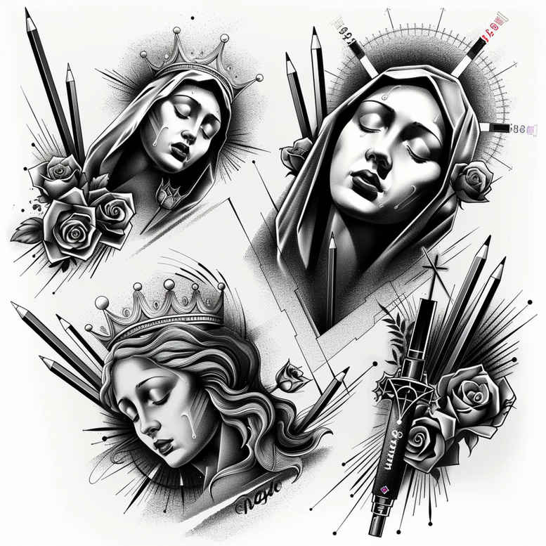 mary-in-iconography – tattoo design ideas free ai generated – realistic-dimension – for-lower-leg – Gallery: mary-inkby-ai