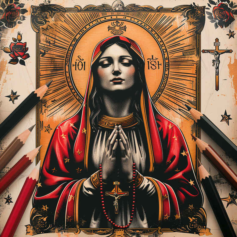 mary-in-iconography – tattoo design ideas free ai generated – sharp-focus – for-behind-ear – Gallery: mary-inkby-ai