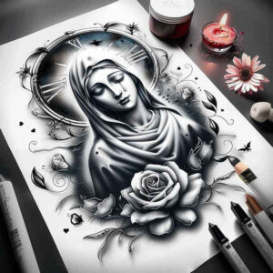 mary-in-iconography – tattoo design ideas free ai generated – tattoo-reflection – for-lower-thigh – Gallery: mary-inkby-ai