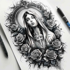 mary-in-prayer – tattoo design ideas free ai generated – balanced-light – for-toe – Gallery: mary-inkby-ai