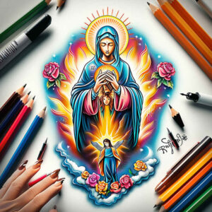 mary-in-prayer – tattoo design ideas free ai generated – detailed-rendering – for-chest – Gallery: mary-inkby-ai