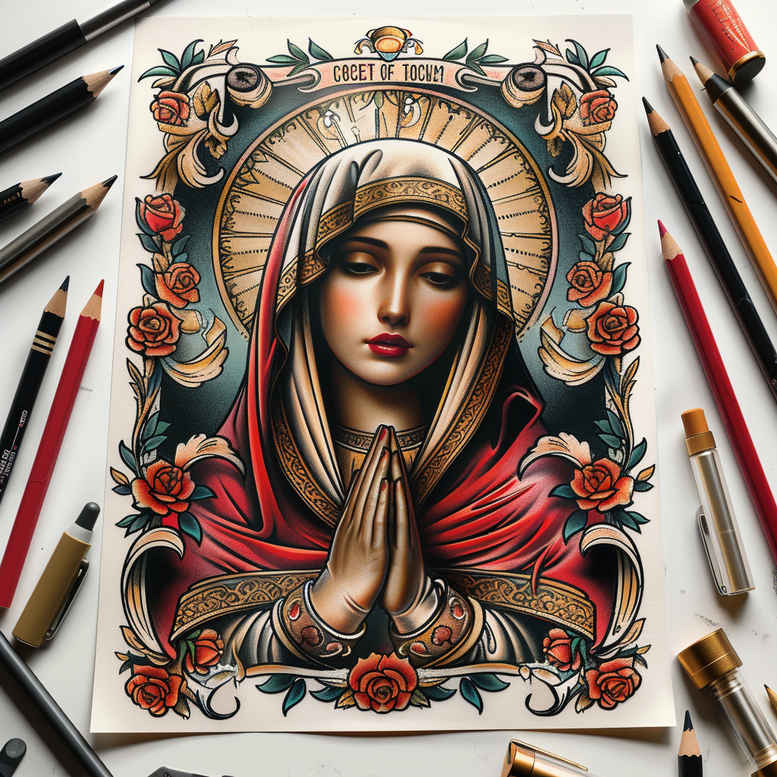 mary-in-prayer – tattoo design ideas free ai generated – natural-tones – for-lower-thigh – Gallery: mary-inkby-ai