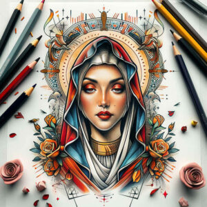 mary-in-prayer – tattoo design ideas free ai generated – optical-depth – for-back-of-neck – Gallery: mary-inkby-ai