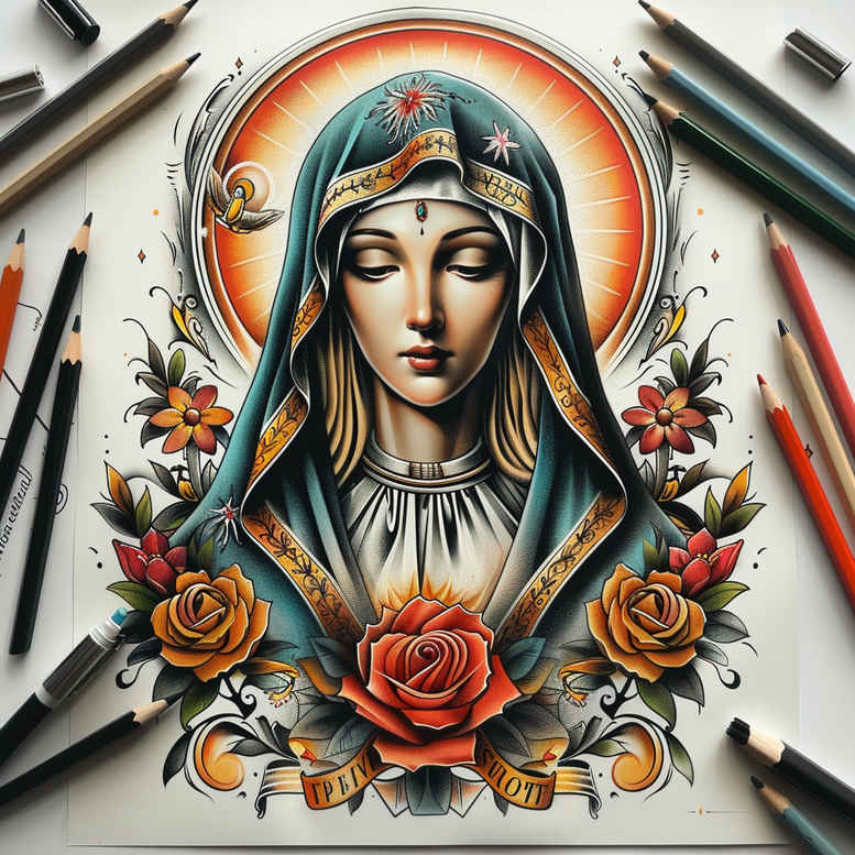 mary-in-prayer – tattoo design ideas free ai generated – refined-highlights – for-upper-back – Gallery: mary-inkby-ai