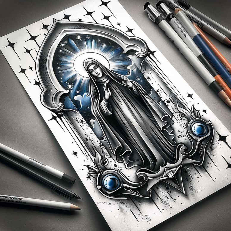 mary-in-sacred-art – tattoo design ideas free ai generated – moist-gloss – for-thigh – Gallery: mary-inkby-ai