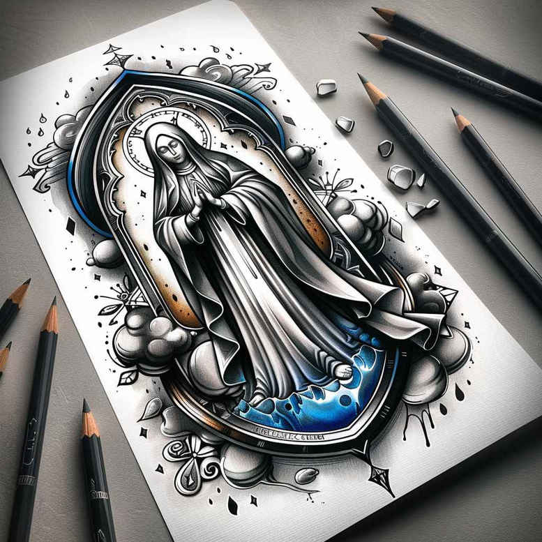 mary-in-sacred-art – tattoo design ideas free ai generated – tonal-depth – for-back-of-neck – Gallery: mary-inkby-ai