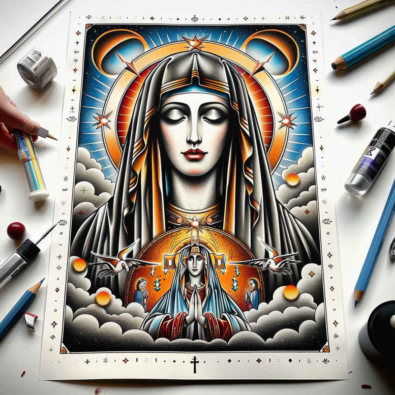 mary-in-spirituality – tattoo design ideas free ai generated – real-ink-flow – for-knee – Gallery: mary-inkby-ai